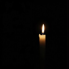 Close-up of single flickering candle flame on stark black backdrop, creating atmosphere of mystery, warmth, and serenity. Solitary light source offers sense of hope and peacefulness in darkness.