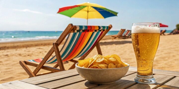 Summer relaxation: a frothy beer and bowl of chips by the sea, under a bright, sunny sky.
