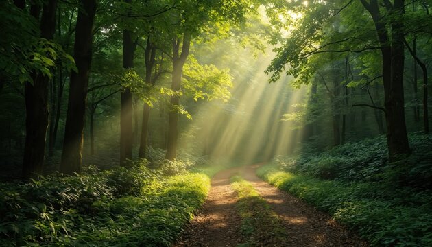 Sunbeams pierce dense green forest foliage, illuminating a tranquil, magical woodland path. Lush undergrowth lines the dirt road, creating an inviting atmosphere for hikers seeking nature serenity.