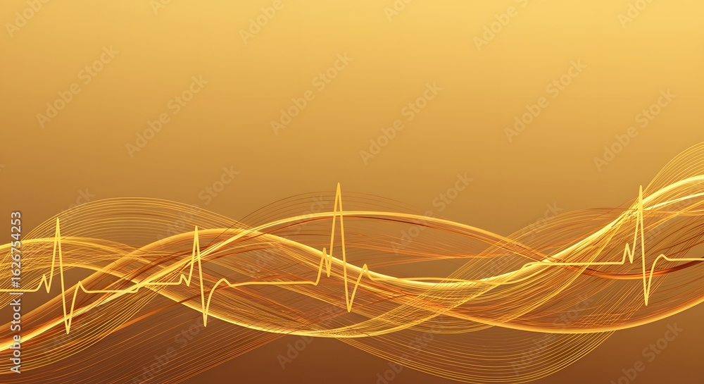 Poster golden abstract background with stylized heartbeat lines and wavy patterns in a horizontal format