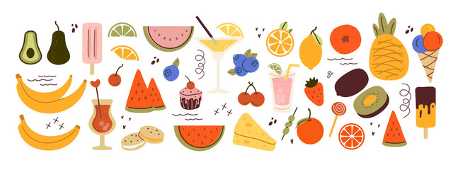 Natural tropical fruits, dessert, citrus orange, vitamin lemon, avocado, strawberry, pineapple. Hand-drawn for print, banner, poster, social network. art  cute icons, isolated  on a white background. 