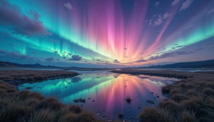 Close up Pastel Sky Landscape with Aurora Reflection