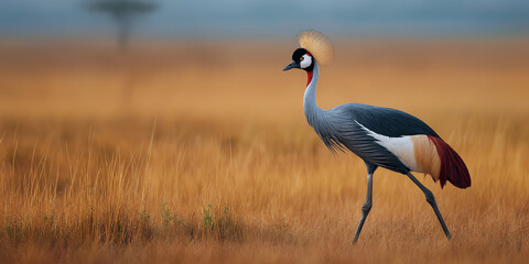 Obraz premium Grey crowned crane walking through golden grassland in African savanna 