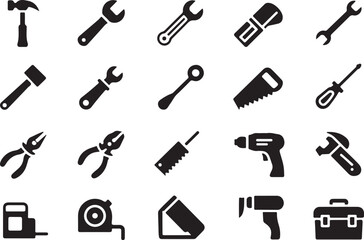Black and white construction tools icon set