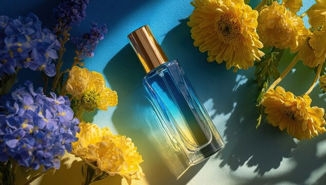 A perfume bottle, vibrant blue and gold, surrounded by yellow and purple flowers, bathed in sunlight - Powered by Adobe