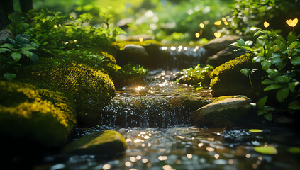 Fototapeta premium Serene Stream Flowing Through Mossy Rocks in a Sunlit Forest