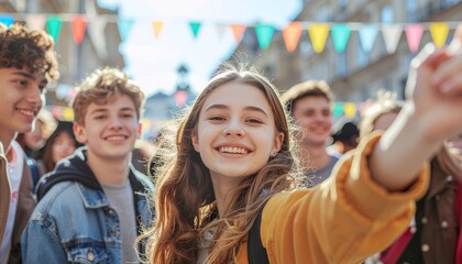 A group of diverse happy teenagers from different cultures holding hands and smiling