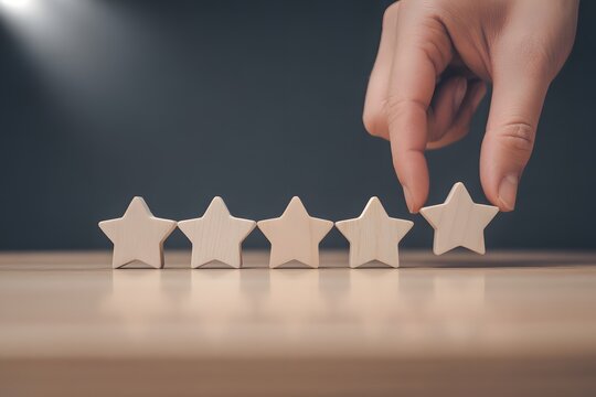 Elevating Excellence: A hand delicately places the final star, completing the perfect rating, symbolizing exceptional customer satisfaction and service quality.