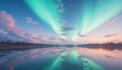 Close up Pastel Sky Landscape with Aurora Reflection