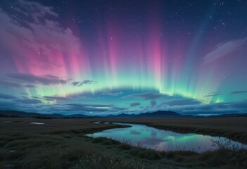 Close up Pastel Sky Landscape with Aurora Reflection