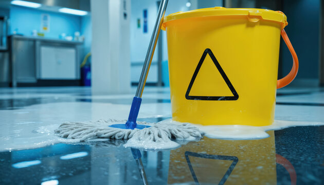 Wet floor caution sign with yellow bucket, mop on shiny polished floor. Area wetness indicates recent cleaning service spill requiring attention. Safety hazard alert for public space maintenance,