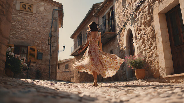A woman in a floral dress twirls on a cobblestone street in a sunlit European village, surrounded by stone buildings.