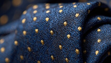 Close-up of a navy blue fabric with gold polka dots