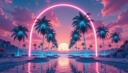 Close up Vaporwave Dreamscape with Wireframe Palm Trees and Neon Arch at Sunset