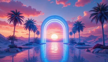 Close up Vaporwave Dreamscape with Wireframe Palm Trees and Neon Arch at Sunset