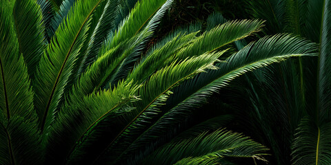 Fototapeta premium Close-up of tropical palm leaves with rich green tones and dramatic lighting 