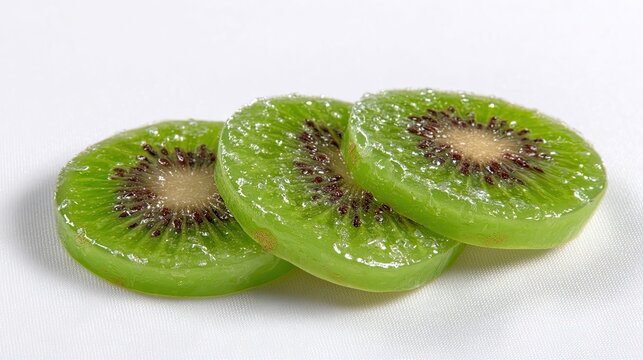 Three kiwi slices stacked, glossy and vibrant green