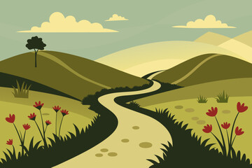Hilly Meadow Silhouette with Wildflowers