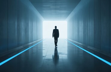Silhouette of businessman in suit walking toward bright light at end of futuristic corridor. Blue neon lines line polished floor. Represents journey, progress, unknown future, ambition, success in