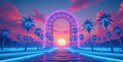 Close up Vaporwave Dreamscape with Wireframe Palm Trees and Neon Arch at Sunset