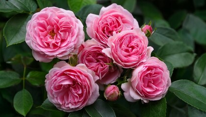 a cluster of vibrant pink roses in full bloom surrounded by green leaves
