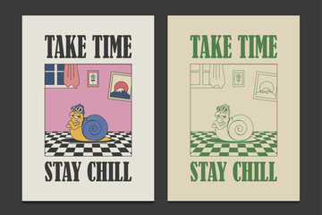 retro 90s poster with a cool cartoon snail relaxing in checkered room, fun and chill wall art, vector illustration