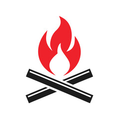Flat Design Icon of a Campfire with Red Flames and Flat Black Logs on White burning heat