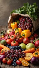 Abundant fresh fruits, vegetables spill from paper bag onto rustic wooden table, bathed in natural light. Colorful assortment includes grapes, tomatoes, peppers, blueberries, apples, carrots,