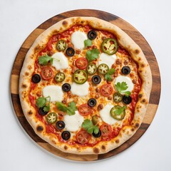 Close-up of gourmet pizza featuring fresh mozzarella, jalapenos, tomatoes, olives, herbs on golden crust. Delicious Italian dish served on rustic wooden board, perfect for culinary blogs, restaurant