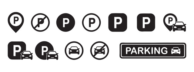 Car Parking icon set. Containing park, sign, traffic, vehicle, travel, transport, public and more icons. Vector illustration.