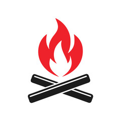 Minimalist Campfire Icon Featuring Red Flames and Crossed Black Logs on White burning heat