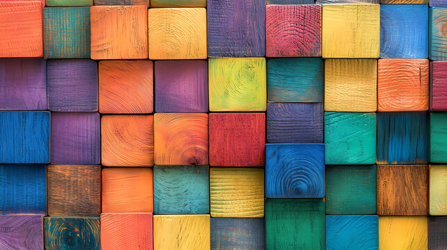 A vibrant abstract background created from a mosaic of multicolored wooden blocks showing a rustic and textured geometric pattern
