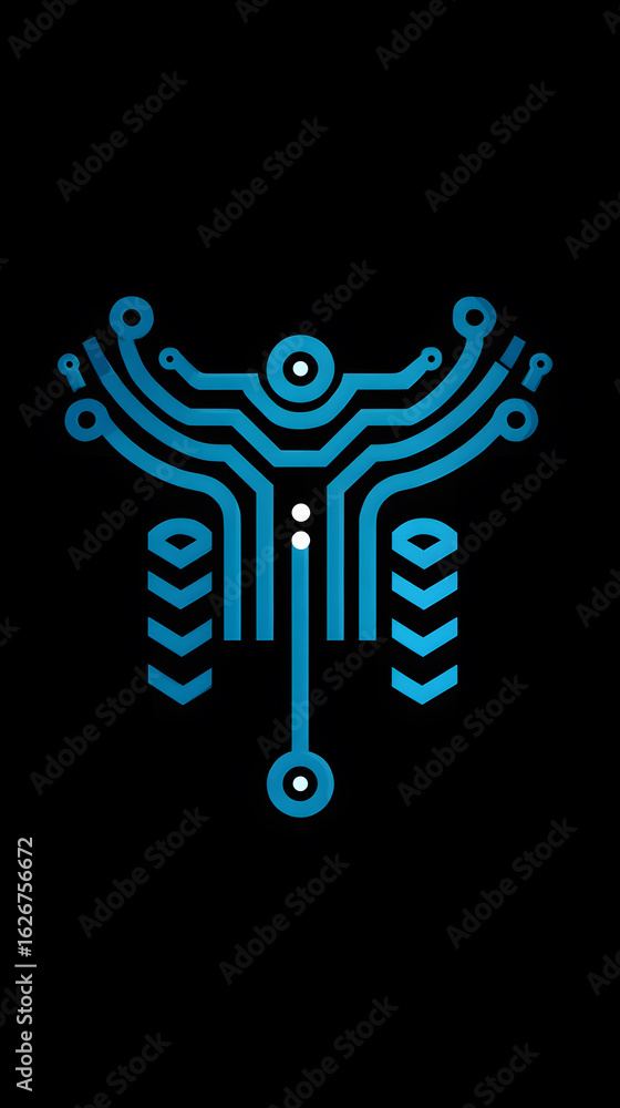 Poster abstract digital circuit design with blue lines and circles resembling a stylized figure on a black 