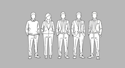 Business Team Outline Illustration in Formal Wear on Gray Background