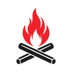 Simple Vector Illustration of a Campfire with Red Flames and Black Logs on White burning heat