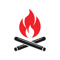 Simple Graphic Icon of a Campfire with Red Flames and Cylindrical Black Logs on White burning heat