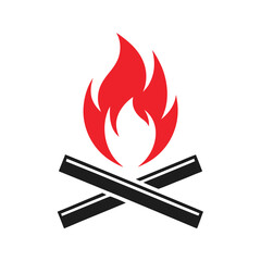 Stylized Campfire Graphic with Red Flames and Crossed Black Logs on White Background burning heat