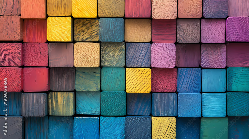 Poster vibrant array of natural wooden cubes showcasing a rich spectrum of hues and intricate grain pattern