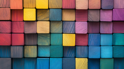 Vibrant array of natural wooden cubes showcasing a rich spectrum of hues and intricate grain patterns, creating a captivating abstract background