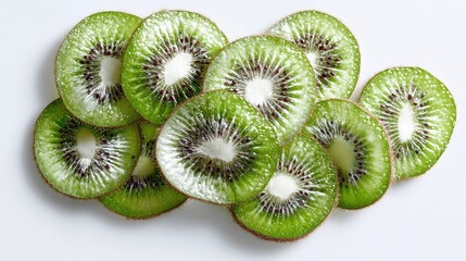 Slices of vibrant green kiwi fruit, arranged in a cluster.  Freshly cut circles, showcasing the inside with distinctive brown seeds.  Close-up on a white surface