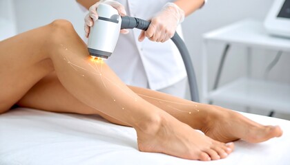Fototapeta premium Professional laser hair removal treatment being performed on smooth female legs in a modern clinic.