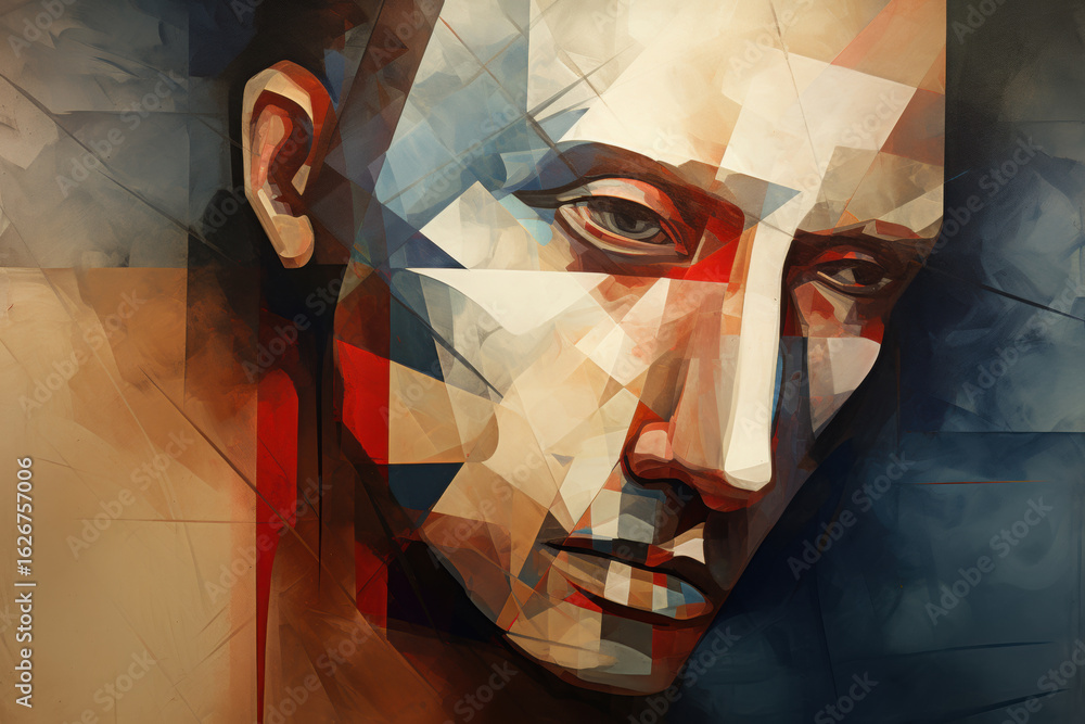 Poster angular abstract portrait in cubism with disconnected facial geometry and textured brush effects