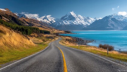 Naklejka premium Scenic highway winds along a turquoise lake, towards snow-capped mountains
