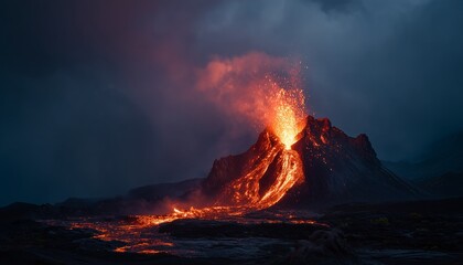 Spectacular volcano erupting in a dark night