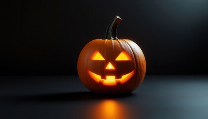 A single carved pumpkin glows on a matte black surface under dramatic lighting. Ideal for Halloween campaigns, seasonal decor branding, and World Art Day visuals with minimalist flair.