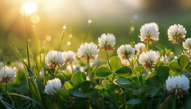 ethereal splendor of ivory clover blossoms nestled amidst glistening blades of morning dew epitomizes a tranquil tableau with their dainty petals and serene emergence of a new day