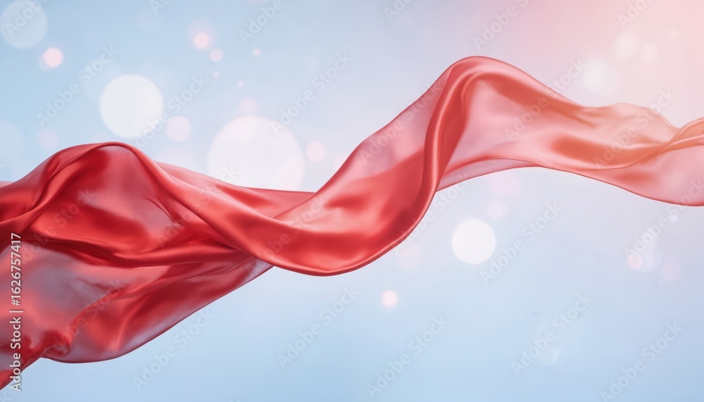 Poster red satin fabric gracefully flows through air creating soft wave motion. smooth silk texture with ge