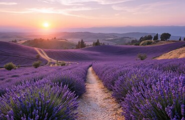 Expansive lavender fields roll across hills under warm sunset glow. Dirt pathway winds through vibrant purple blooms, leading towards distant mountains. Serene summer landscape offers peaceful