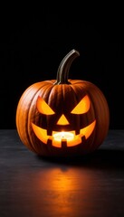 A single carved pumpkin glows on a matte black surface under dramatic lighting. Ideal for Halloween campaigns, seasonal decor branding, and World Art Day visuals with minimalist flair.