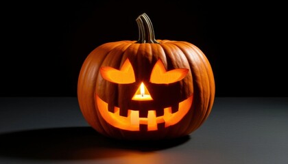 Obraz premium A single carved pumpkin glows on a matte black surface under dramatic lighting. Ideal for Halloween campaigns, seasonal decor branding, and World Art Day visuals with minimalist flair.